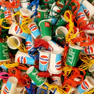5 Vintage Soda Cup Charm Necklaces Mini Pepsi 7up (5pcs) Plastic Gumball Charms