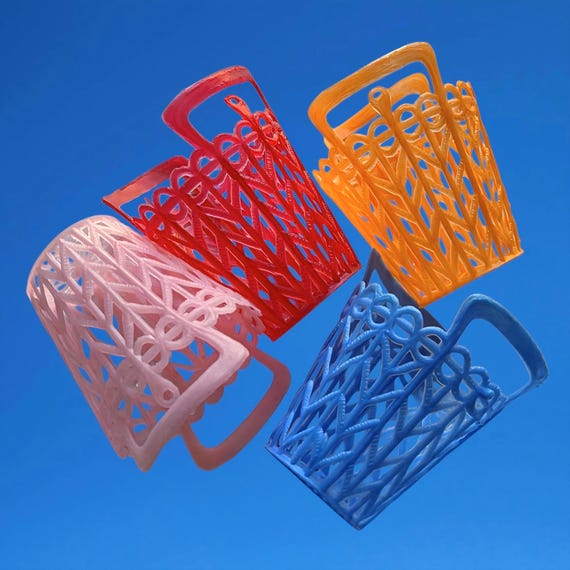4 Vintage Miniature Plastic Doll Basket Purses 60s Mini Favor Baskets Soft Filigree Doll Purse Dolly Accessories Barbie Shopping Beach Bags
