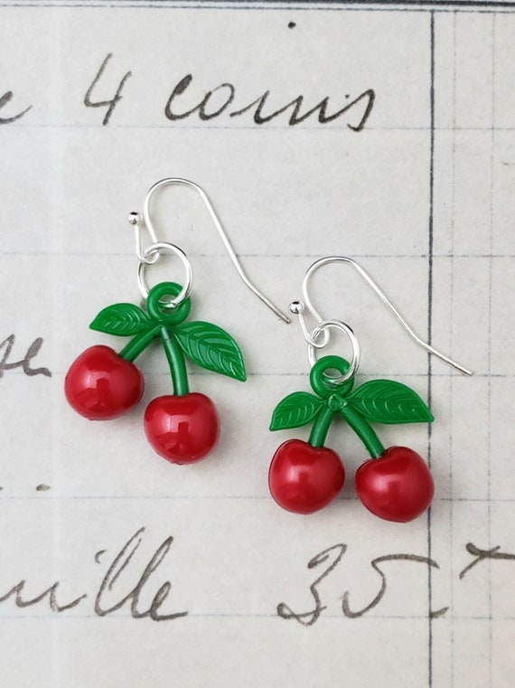 Vintage Plastic Cherry Earrings - Red Cherries