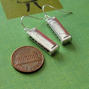 Vintage Silver Plated Harmonica Earrings Miniature Harmonica Charms Bright Silver