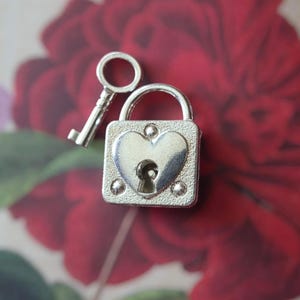 May include: A silver-colored heart-shaped padlock with a matching key. The padlock has a square body with a heart design in the center and is accompanied by a small key. The background features a blurred red rose.