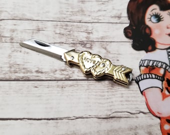 Mini Knife Love Hearts Arrow Charm Shiny Brass Tiny Retro Sweetheart Folding Knife Shiny Cupid Valentine Miniature Novelty Knife Charm