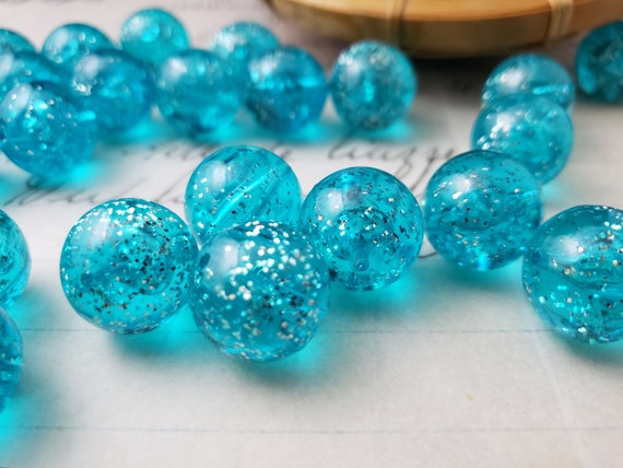 24 Vintage Lucite Glitter Beads - Confetti Beads - Large Blue Glittery  Round Beads (24pc)