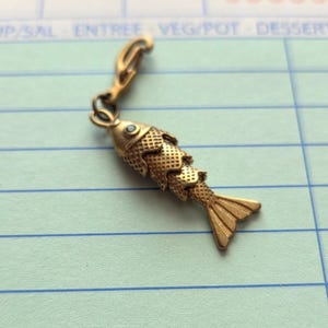May include: A gold-colored fish charm with a textured body and a small blue accent on the eye. The charm is attached to a clasp. The background is a light blue paper with blue lines.