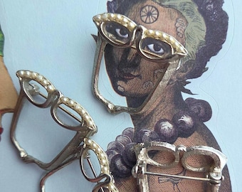 ONE Vintage CATEYE PIN Small Eyeglass Holder (1pc) Novelty Costume Jewelry Eyewear Keeper Loop Spec-Park Brooch
