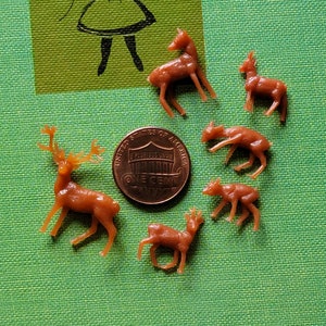 6 Vintage Tiny Plastic Deer Miniature Deer Family Teeniest Tiniest HK