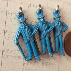 3 Vintage Natty Dressed Man Charms Heavy Metal Painted Gentleman Dapper Bowtie Cane Man Cracker Jack Gumball Jewelry Making Crafting
