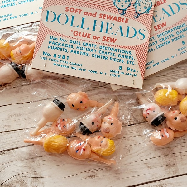 One Vintage Package of Miniature Doll Heads - 8 Plastic Blow Mold Hollow Heads NIP - Mini Elves Snowmen Santas Girls (1pkg)