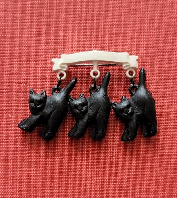 Vintage Plastic Triple Black Cat Pin - 60s Dangli… - image 3
