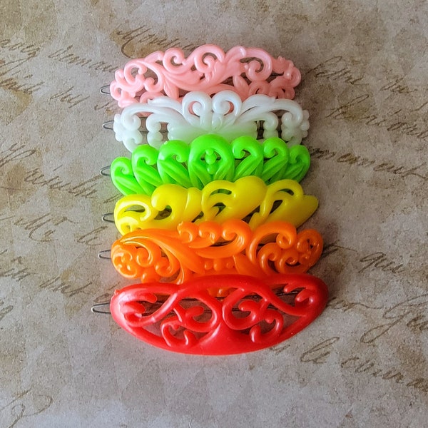 6 Vintage Plastic Barrettes - Large 70's Hair Clips Hong Kong Dime Store - Ornate Filigree Hair Accessories