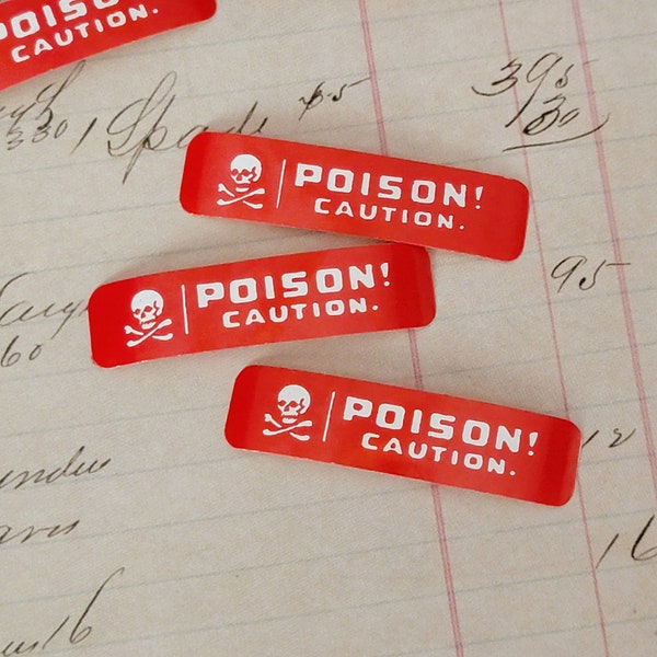 3 Vintage Poison Labels - Mini Poison Caution Skull Crossbones Pharmacy Drugstore Warning Sticker Labels Sans Adhesive