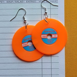 Record Earrings Vintage Plastic Neon Orange Record Charm Earrings