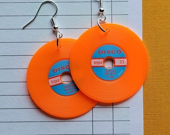 Record Earrings Vintage Plastic Neon Orange Record Charm Earrings