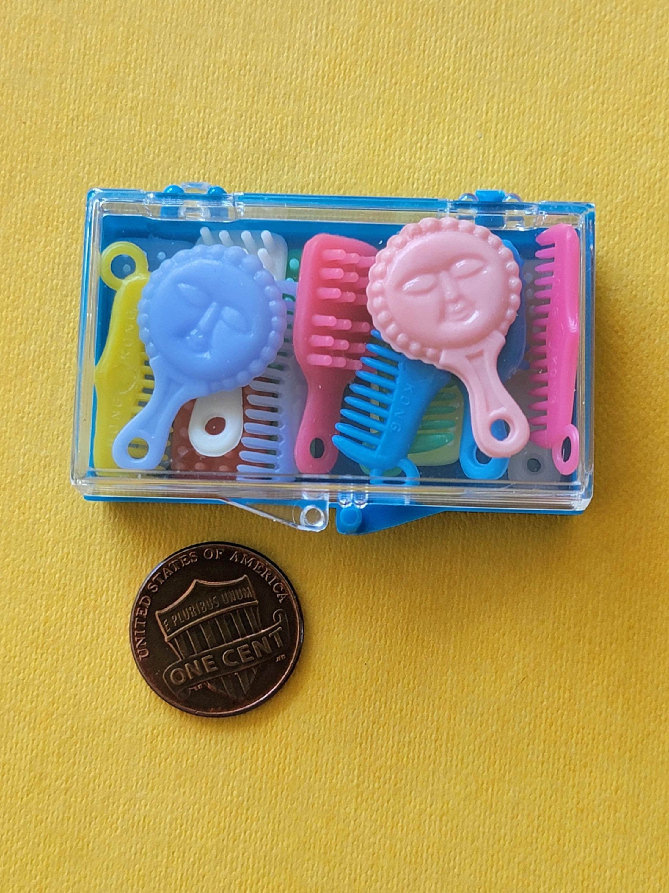 Vintage Mini Plastic Snap Box filled Tiny Brush Comb Mirror Charms Assorted Miniature Doll Vanity Gumball Charms