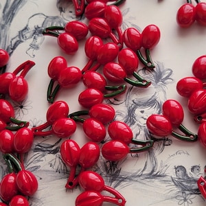 24 Vintage Plastic Cherry Charms (24pcs) Red Double Cherry Beads Hard Plastic Cherries Painted Stem