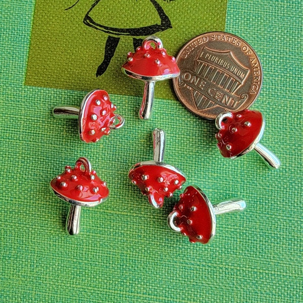 3 Mushroom Charms (3pcs) Silvertone Red Enamel Mushrooms Toadstool Charms