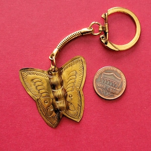 Vintage Brass Butterfly Keychain Patina Boho Brass Moth Metal Key Ring