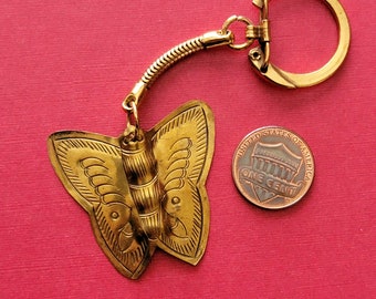 Vintage Brass Butterfly Keychain Patina Boho Brass Moth Metal Key Ring