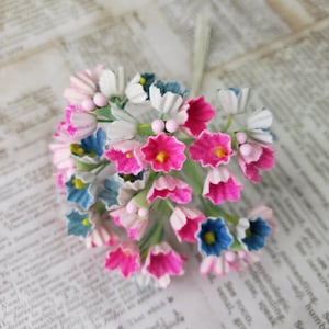 Vintage Forget Me Not Petite Flocked Paper Flower Bouquet Pink and Blue Forget-Me-Nots Decor Millinery Crafting