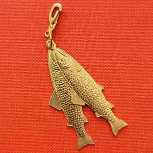 Brass Fish Stampings on Tiny Carabiner Clip Raw Brass Pendant Charm Trout Stacking Sardines