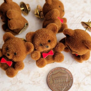Vintage Flocked Teddy Bear Pins Brown Fuzzy Bears