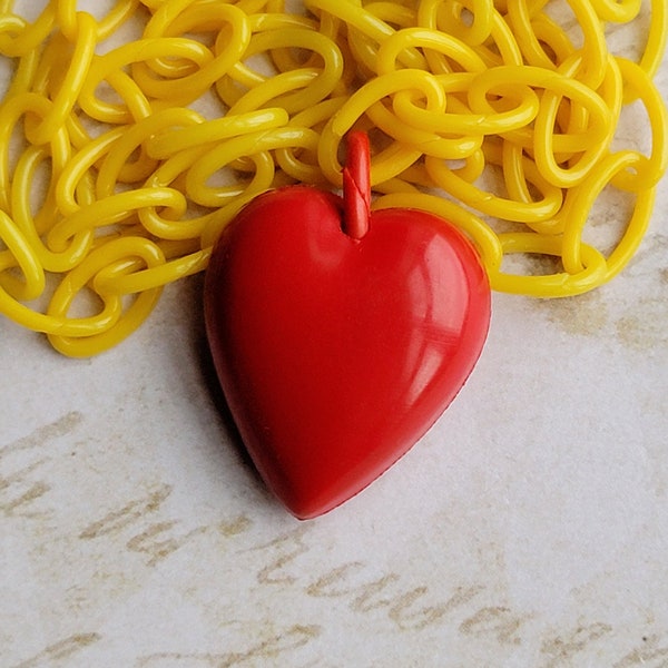 Vintage Yellow Celluloid Chain with Puffy Red Celluloid Heart Necklace Long Early Plastic Necklace