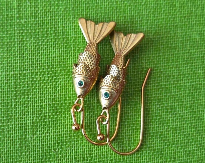 Tiny Retro Articulated Fish Earrings Mini Antiqued Brass Jointed Wiggle Fish with Green Glass Eyes