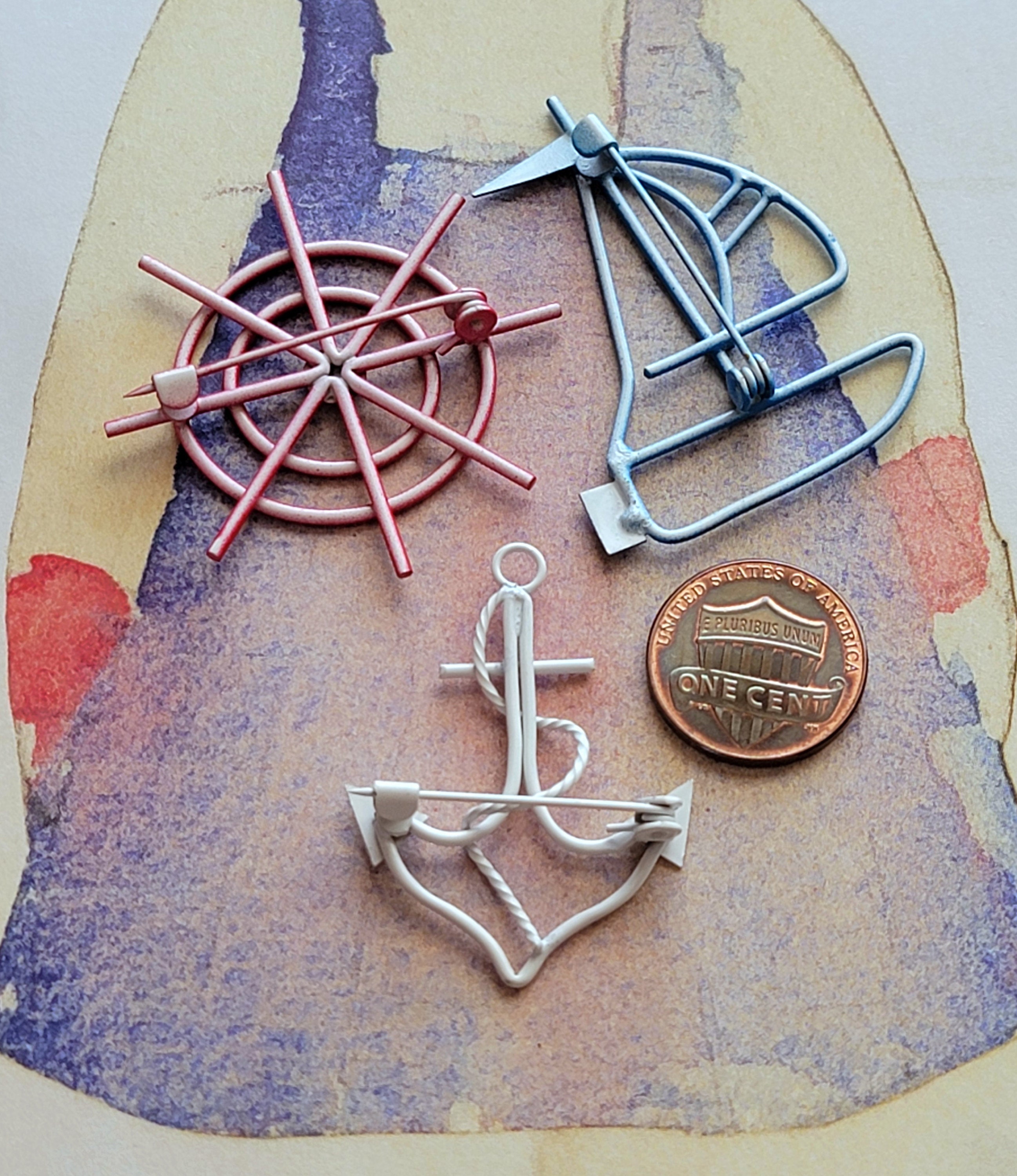 3 Vintage Nautical Pins Metal Anchor Sailboat Helm Red White Blue Beach ...