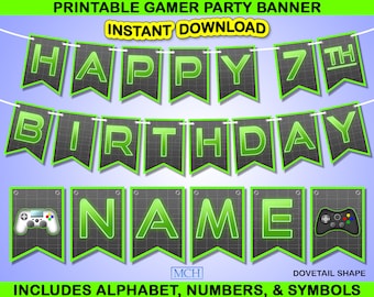 Gamer Party Banner, Videospiel Truck Gaming Hintergrund Geburtstagsparty Dekoration, Digital druckbare Dekorationen, Sofort Download DIY GRÜN