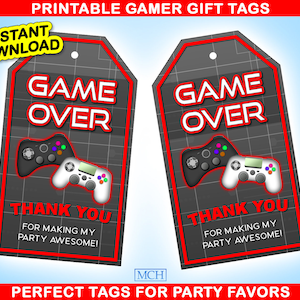 Gamer Mitbringsel Geschenkanhänger, Videospiel Party Gaming Geburtstag Food Candy Treat Danke Etikett Digital bedruckbar, Sofort Download DIY ROT