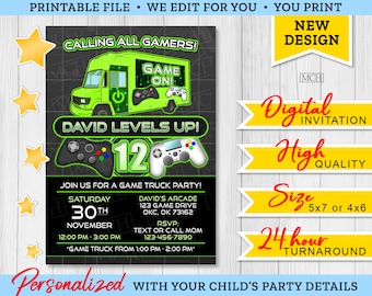 May include: A digital invitation for a 12th birthday party with a green and black game truck theme. The invitation says "Calling all gamers! David levels up!" and includes details about the party, including the date, time, and location. The invitation also includes a game truck graphic and a game controller graphic.