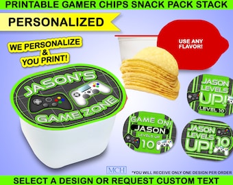 Gamer Party Chips 0.67 oz Snack Stack Labels & Wrap Personalized Custom Video Game Gaming Birthday Favor Digital Printable Download GREEN