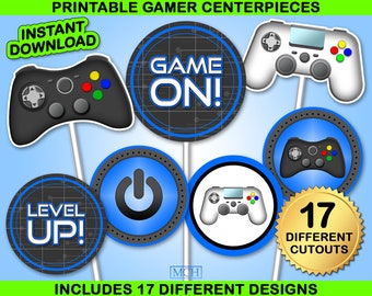 Gamer Party Centerpieces, Video Game Party Birthday Cake Topper, Photobooth Photo Props Decor Digital Printable, Instant Download DIY BLUE