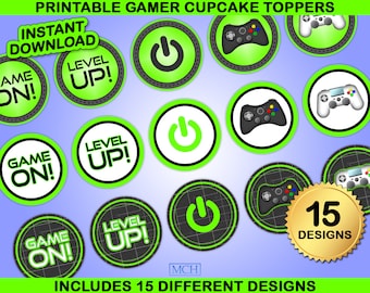 Gamer Party Cupcake Toppers, Video Game Party Gaming Treat Snacks Topper Label, Birthday Favor Digital Printable, Instant Download DIY GREEN