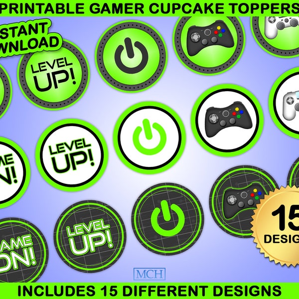 Gamer Party Cupcake Toppers, Videojuego Party Gaming Treat Snacks Topper Etiqueta, Cumpleaños Favor Digital Imprimible, Descarga Instantánea DIY VERDE