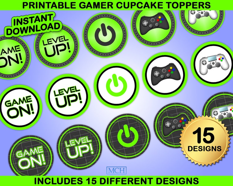 Gamer Party Cupcake Toppers, Video Game Party Gaming Treat Snacks Topper Label, Birthday Favor Digital Printable, Instant Download DIY GREEN image 1