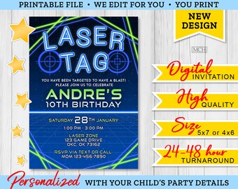 Laser Tag Arcade Party Invitation, Personalized Game Gamer Gaming Lasertag Birthday Invite Card, Digital Printable Download BLUE 04