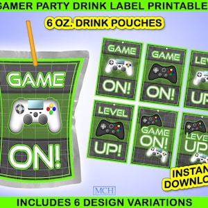 Puede incluir: Seis etiquetas imprimibles para bolsas de bebida de 170 ml con un diseño de mando de videojuego verde y negro. Las etiquetas dicen "Game On!" y "Level Up!" en texto blanco.