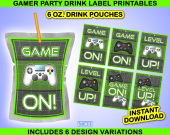 Gamer Party Drink 6 oz. Juice Pouch Wrapper Labels, Video Game Party Gaming 6 Ounce, Birthday Digital Printable, Instant Download DIY GREEN