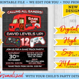 Gamer-Truck-Party-Einladung, personalisierte Videospiel-Truck-Gaming-Bus-Geburtstagskarte, digital druckbare einladen, digitaler Download ROT