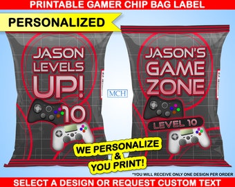 Gamer Party Chip Bag Wrapper Labels Personalized, Custom Video Game Party Wrap, Birthday Favor Digital Printable Download RED