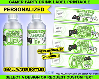 Gamer Party Drink Water Bottle Wrapper Labels Personalized Custom Video Game Party Juice Birthday Digital Printable Download LITE GREEN