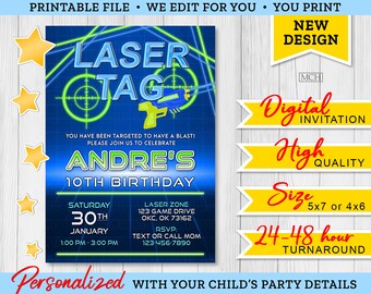Laser Tag Arcade Party Invitation, Personalized Game Gamer Gaming Lasertag Birthday Invite Card, Digital Printable Download BLUE 05