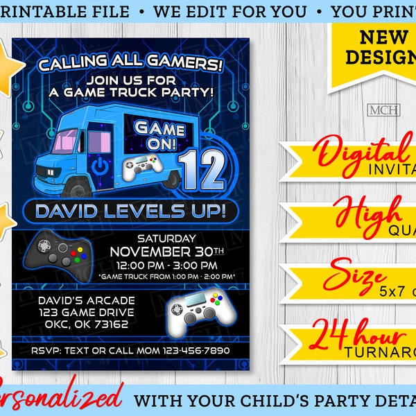 Gamer Truck Party Invitation, Personalized Video Game Truck Gaming Bus Birthday Invite Card, Digital Printable Invite, Digital Download BLUE