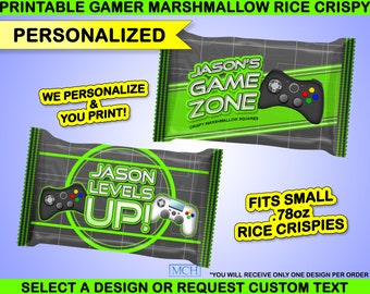 Gamer Party Rice Krispies Treat .78 oz Labels & Wrap Personalized Custom Video Game Party Birthday Favor, Digital Printable Download GREEN