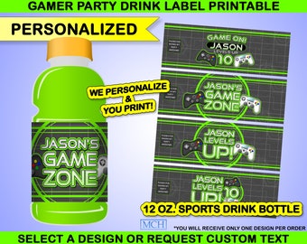 Gamer Party Drink 12 oz Sports Bottles Wrapper Labels Personalized Custom Video Game Party Digital Printable Download GREEN