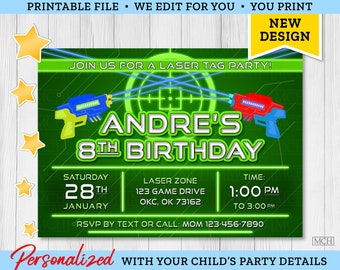 Laser Tag Arcade Party Invitation, Personalized Game Gamer Gaming Lasertag Birthday Invite Card, Digital Printable Download GREEN 05