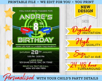 Laser Tag Arcade Party Invitation, Personalized Game Gamer Gaming Lasertag Birthday Invite Card, Digital Printable Download GREEN 01
