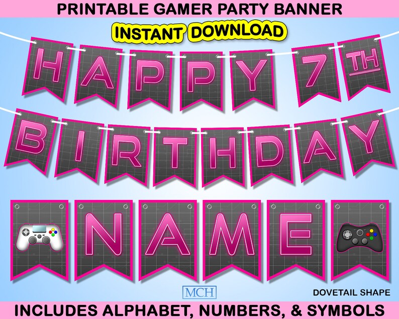 Gamer Party Banner Video Game Truck Party Backdrop Birthday Party Decoration Instant Download DIY PINK Digital Printable Decorations