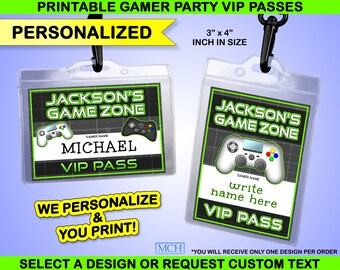 Gamer VIP Party Passes, V.I.P. Pass Cards, Video Game Party Gaming ID Badge Personalized Custom Birthday Digital Printable Download GREEN